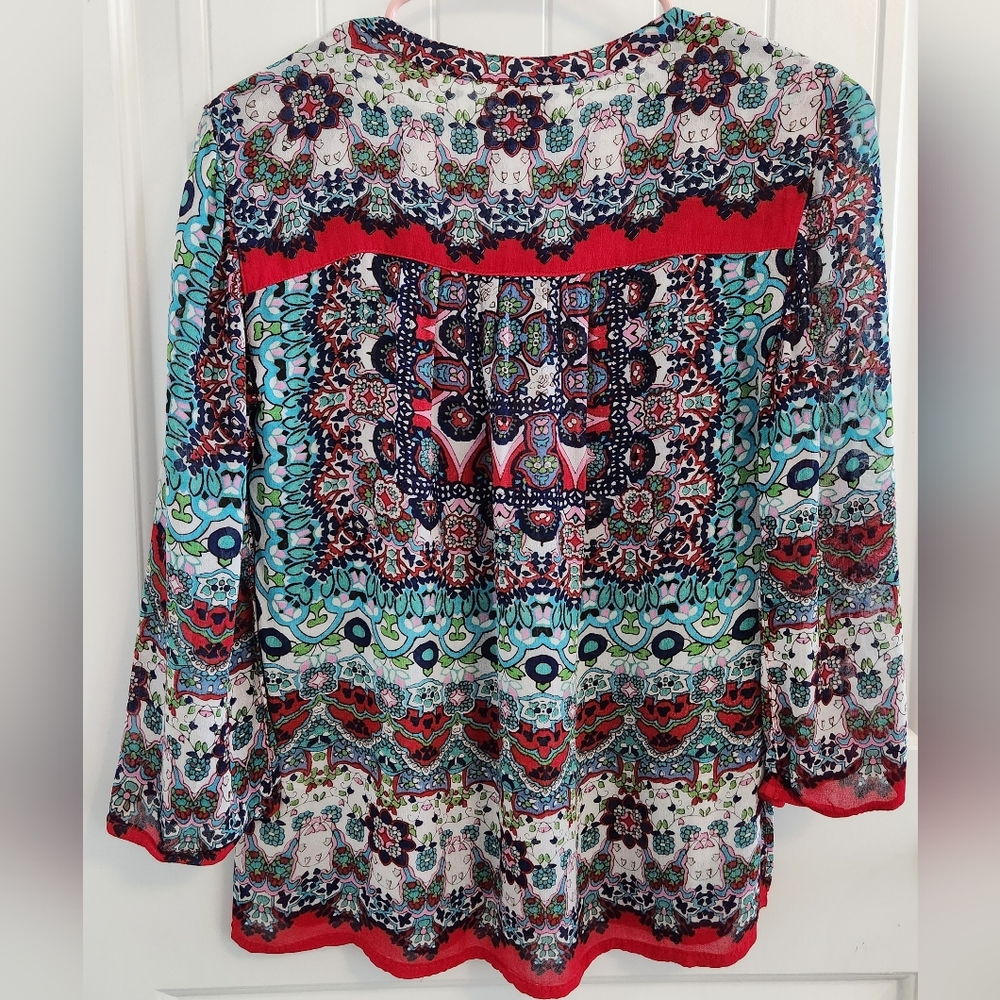 BILA Peasant V Neck Embroidery Paisley Sequins Blue Red Blouse Size Small - Picture 4 of 7